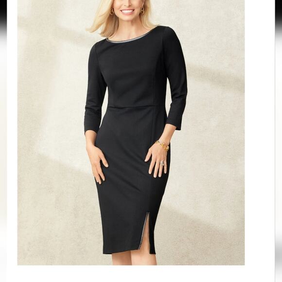 Talbots Tipped Ponte Sheath Dress Jewel Neckline Size 10 - Picture 1 of 11